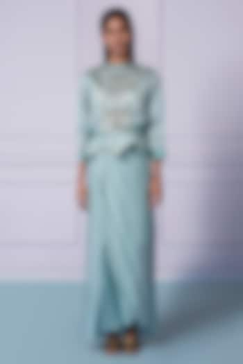 Sea Blue Satin Draped Skirt Set by A Humming Way at Pernia's Pop Up Shop