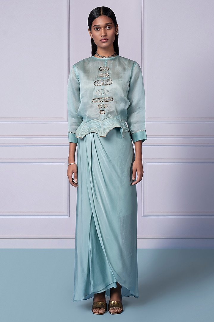 Sea Blue Satin Draped Skirt Set by A Humming Way at Pernia's Pop Up Shop