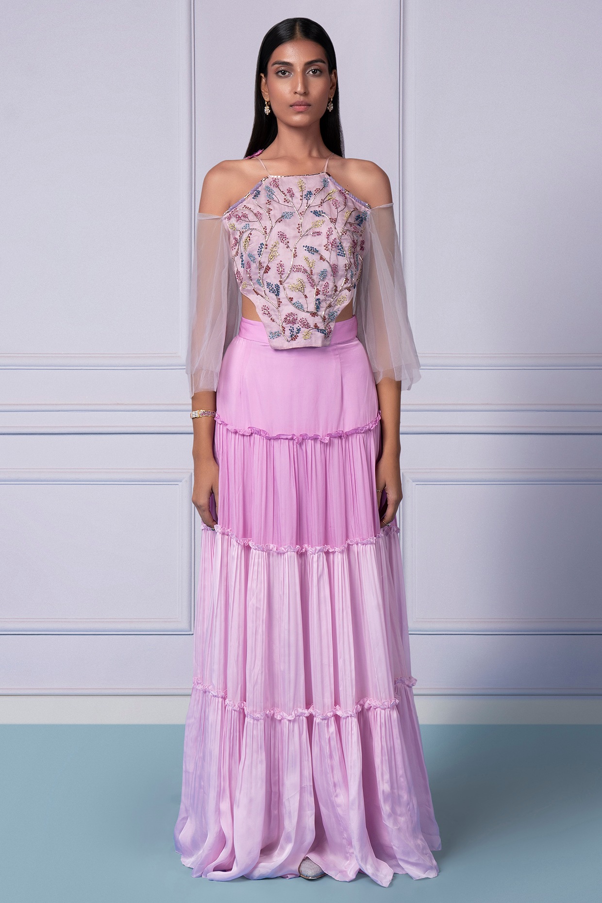 Lavender Satin Organza & Net Tiered Lehenga Set by A Humming Way at ...