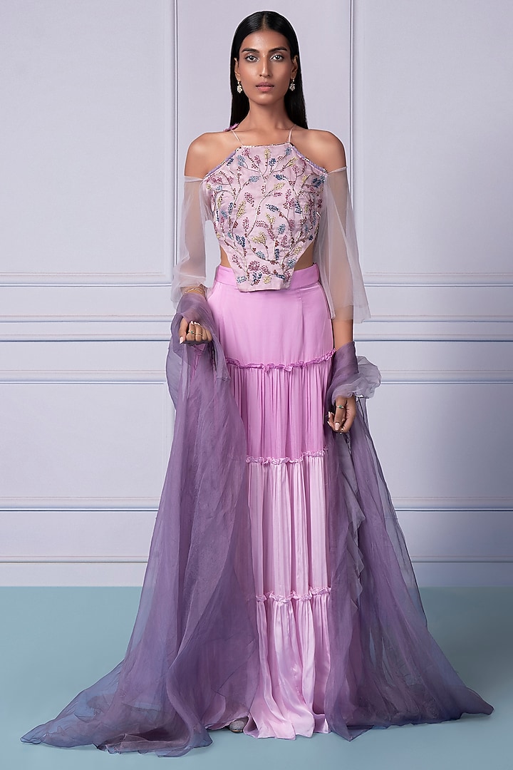 Lavender Satin Organza & Net Tiered Wedding Lehenga Set by A Humming Way at Pernia's Pop Up Shop