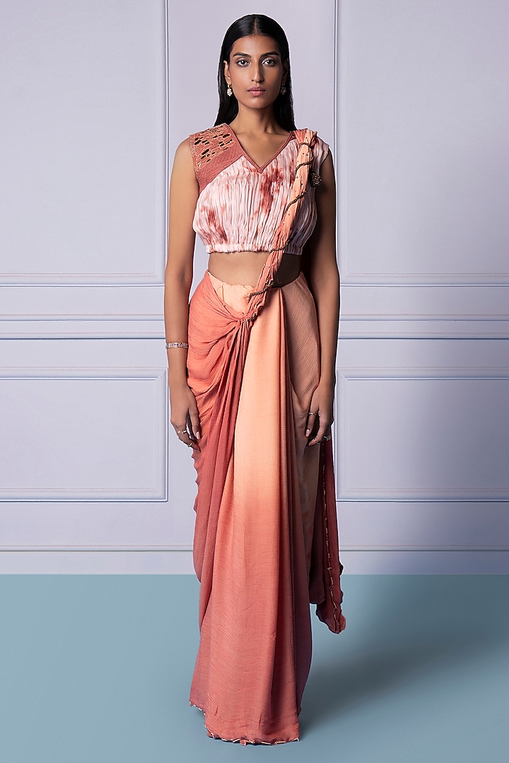 Rosewood Satin Organza & Satin Chiffon Crystal Embellished Pre-Draped Saree Set by A Humming Way at Pernia's Pop Up Shop