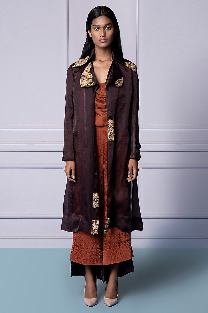 Brown Bemberg Georgette Satin & Satin Organza Hand Embroidered Jacket Set by A Humming Way at Pernia's Pop Up Shop