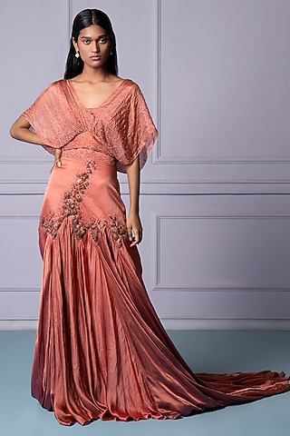 Rosewood Satin Organza & Linen Satin Bead Work Lehenga Set by A Humming Way