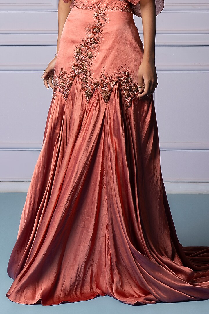 Rosewood Satin Organza & Linen Satin Bead Work Wedding Lehenga Set by A Humming Way at Pernia's Pop Up Shop