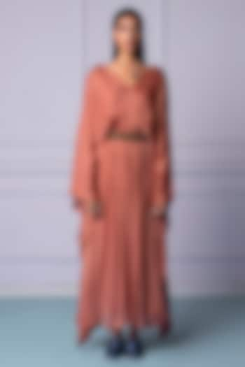 Rosewood Bemberg Georgette Satin Kaftan Dress With Embroidered Belt by A Humming Way