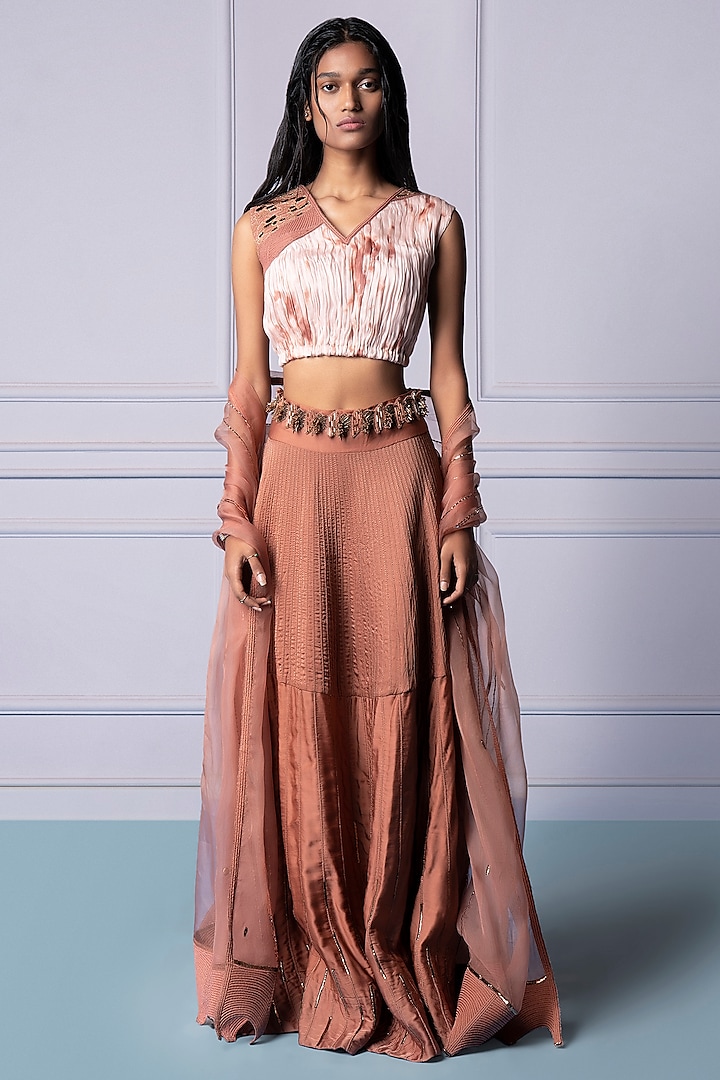 Rosewood Satin Organza Dori Hand Embroidered Wedding Lehenga Set by A Humming Way at Pernia's Pop Up Shop