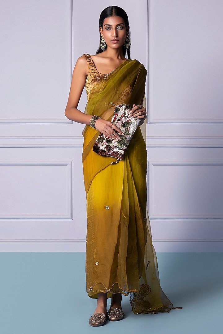 Dandelion Yellow Satin Organza & Chanderi Mukaish Work Saree Set by A Humming Way at Pernia's Pop Up Shop