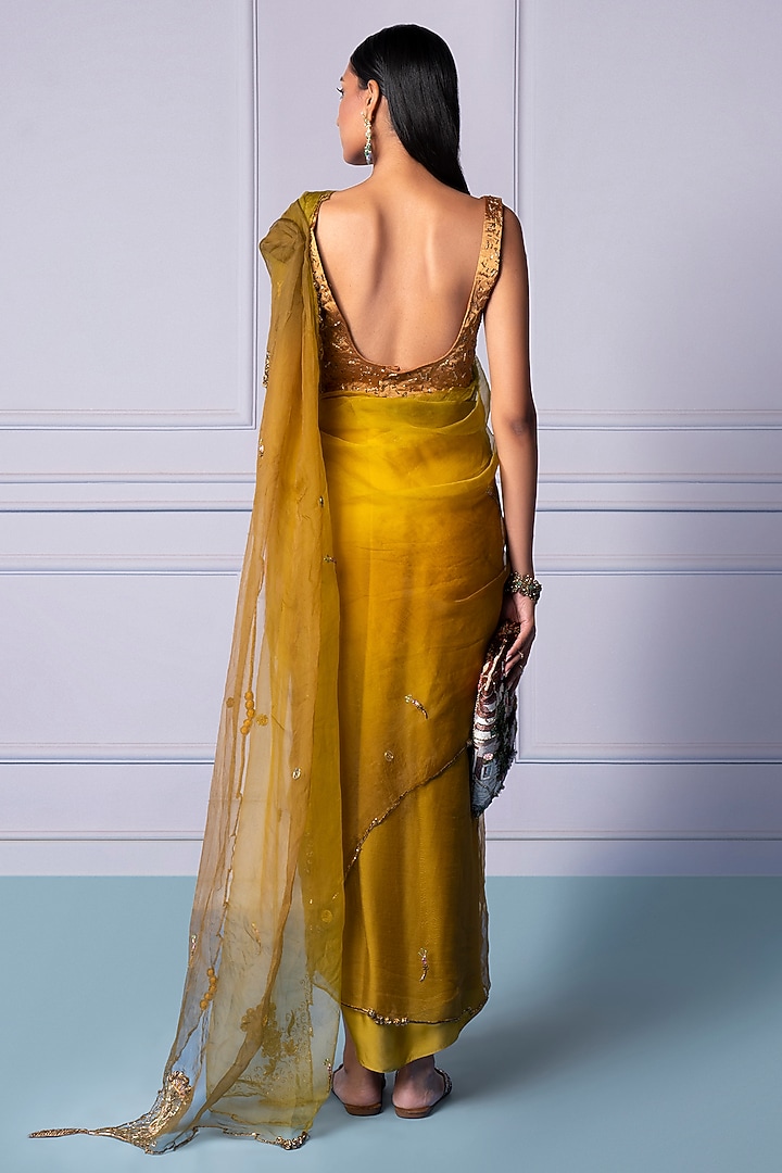 Dandelion Yellow Satin Organza & Chanderi Mukaish Work Wedding Saree Set by A Humming Way at Pernia's Pop Up Shop