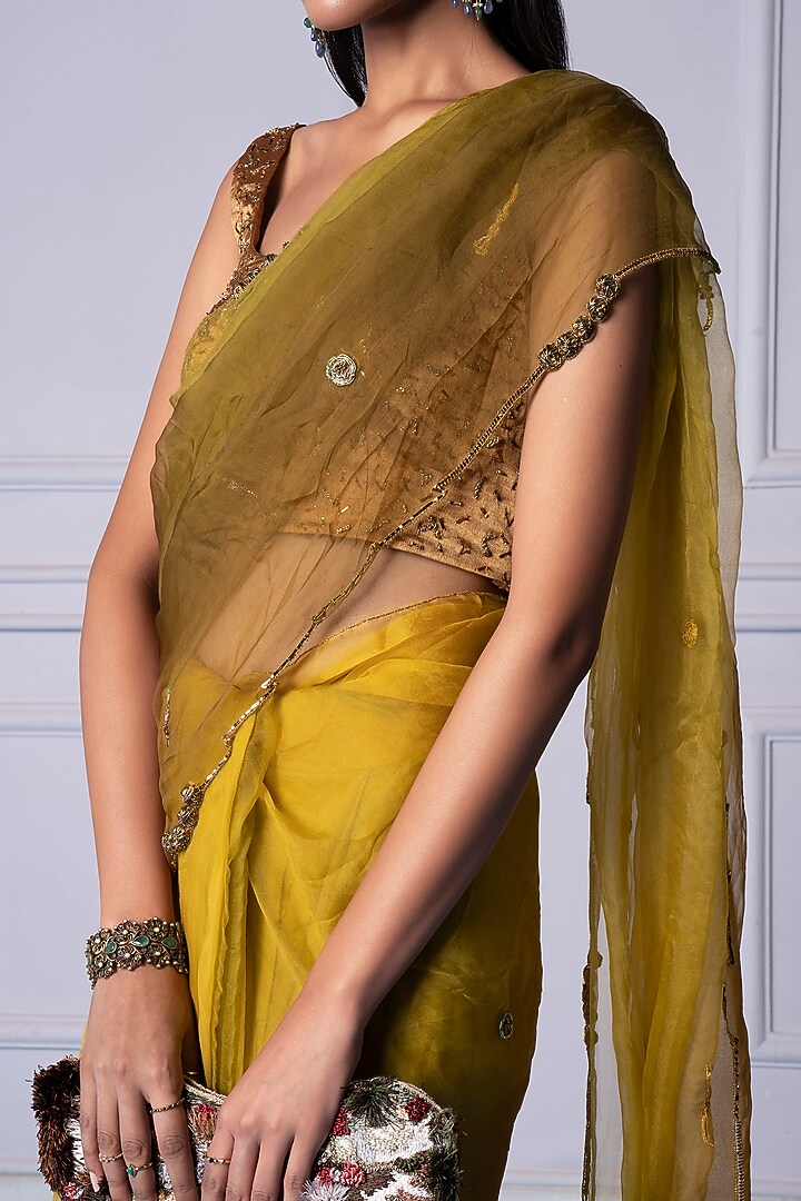 Dandelion Yellow Satin Organza & Chanderi Mukaish Work Wedding Saree Set by A Humming Way at Pernia's Pop Up Shop