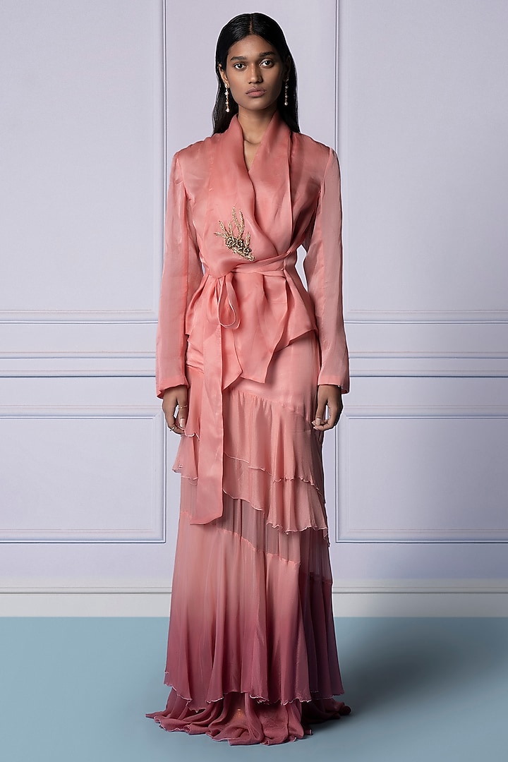 Pink Satin Organza Metallic Embroidered Jacket Set by A Humming Way at Pernia's Pop Up Shop