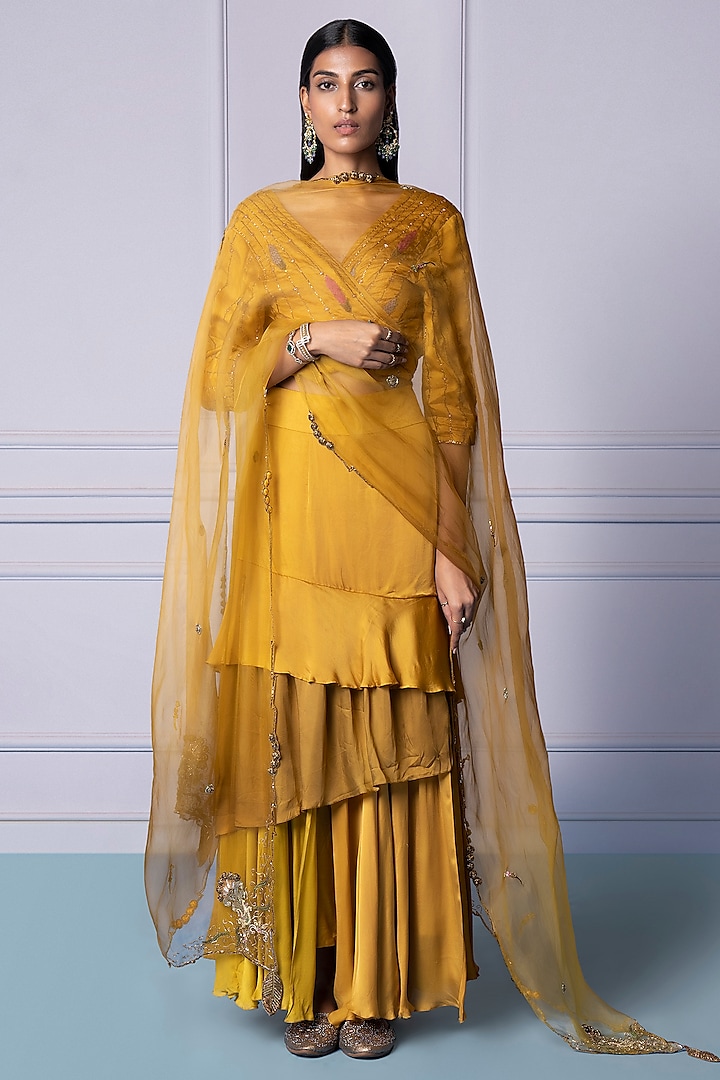 Dandelion Yellow Bemberg Georgette Satin Zardosi Handwork Wedding Lehenga Set by A Humming Way at Pernia's Pop Up Shop