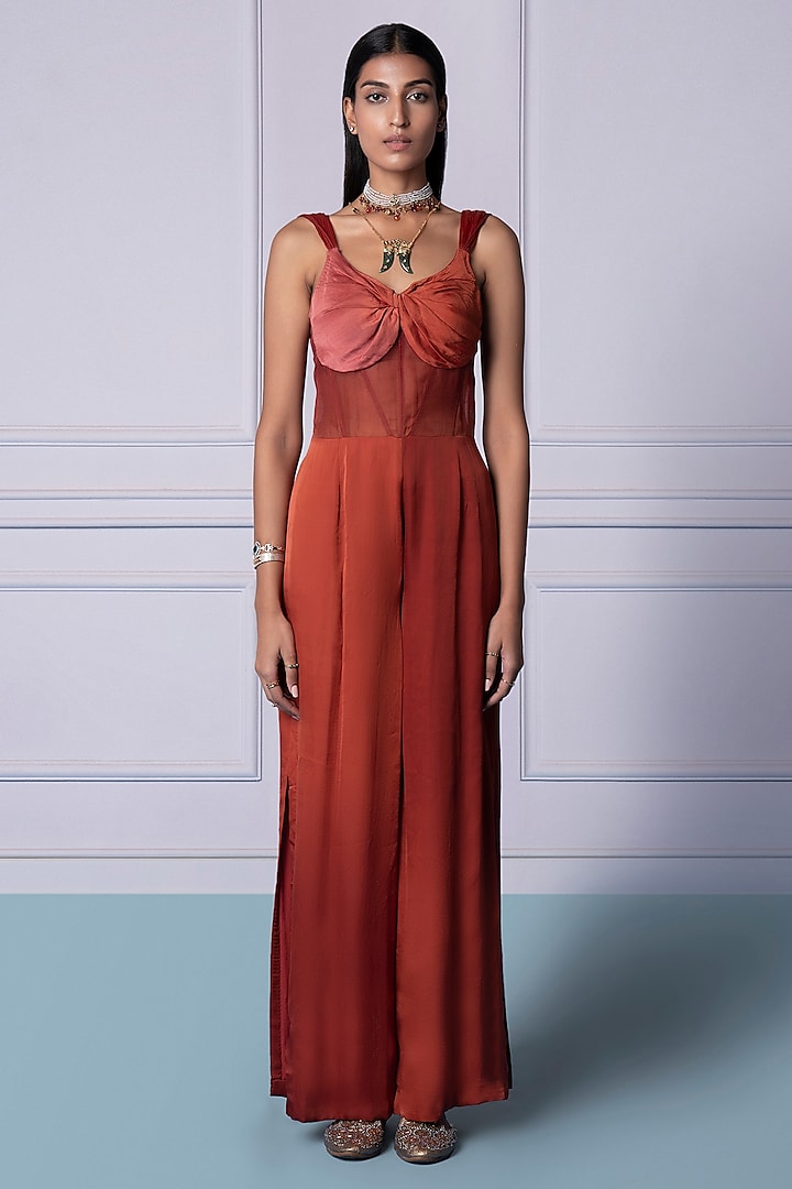 Crimson Red Bemberg Georgette Satin Jumpsuit by A Humming Way at Pernia's Pop Up Shop