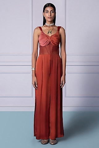 Crimson Red Bemberg Georgette Satin Jumpsuit by A Humming Way