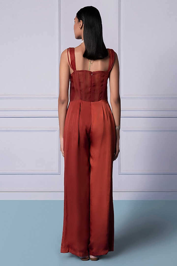 Crimson Red Bemberg Georgette Satin Jumpsuit by A Humming Way at Pernia's Pop Up Shop