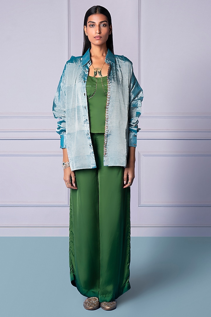 Shamrock Green Bemberg Satin Metallic Embroidered Co-Ord Set by A Humming Way at Pernia's Pop Up Shop