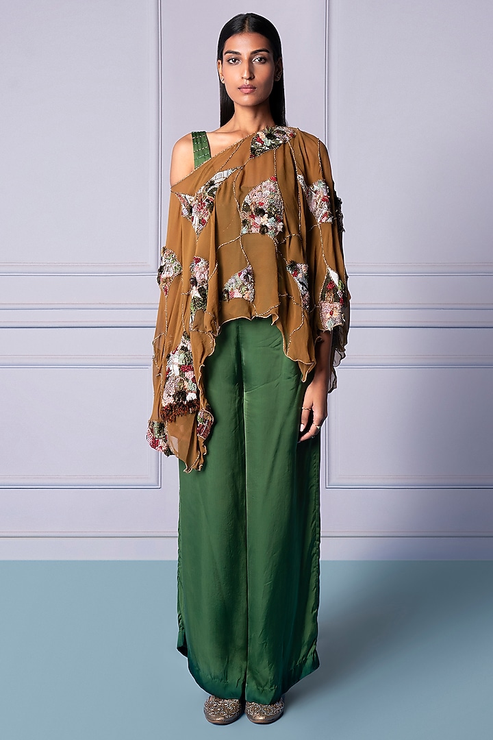 Moss Green Georgette Satin & Bemberg Satin Hand Embroidered Kaftan Cape Set by A Humming Way at Pernia's Pop Up Shop