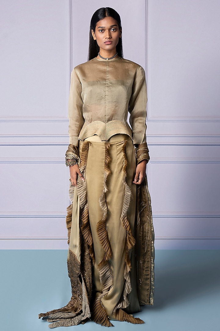 Light Gold Satin organza Frilled Skirt Set by A Humming Way at Pernia's Pop Up Shop