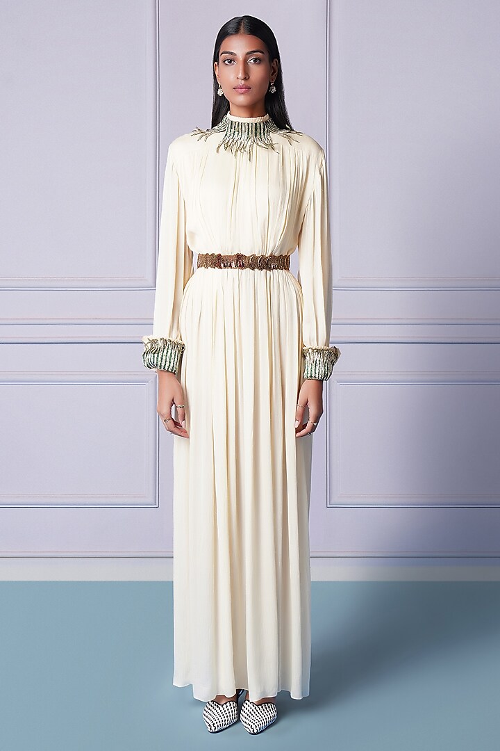 Ivory Satin Chiffon Metallic Embroidered Gown With Belt by A Humming Way at Pernia's Pop Up Shop