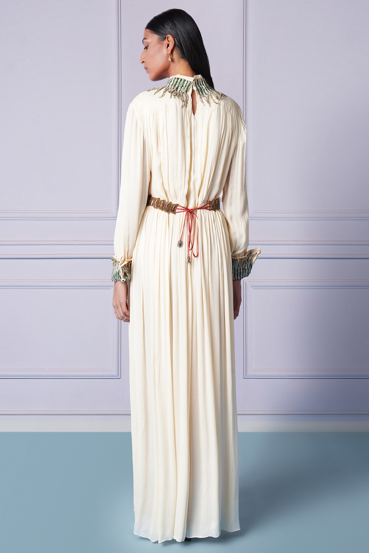 turquoise dress with gold accessories Clemence Plisse Maxi Dress / Gold | MESHKI main image 1