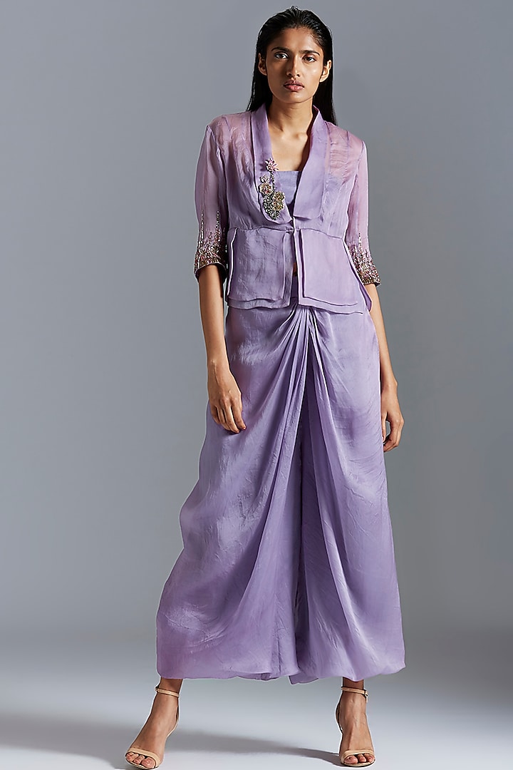Purple Embroidered Jacket With Pants by A Humming Way