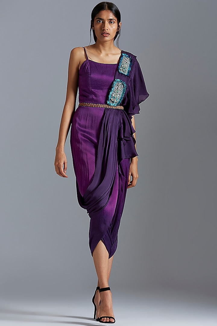 Purple Embroidered Ombre Jumpsuit With Stole & Belt by A Humming Way