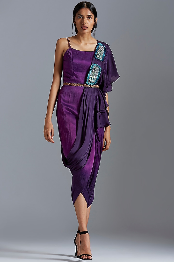 Purple Embroidered Ombre Jumpsuit With Stole & Belt by A Humming Way at Pernia's Pop Up Shop