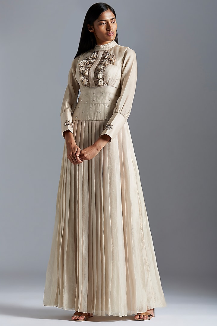 Grey Embroidered Jacket With Gown by A Humming Way