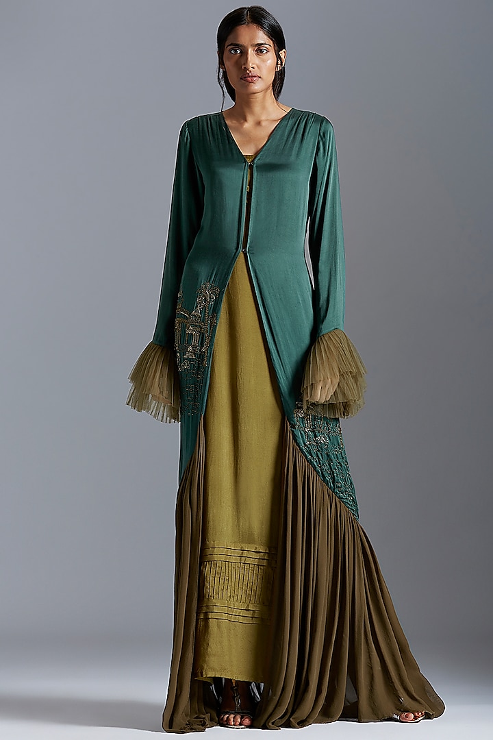 Emerald Green Embroidered Robe Gown by A Humming Way at Pernia's Pop Up Shop