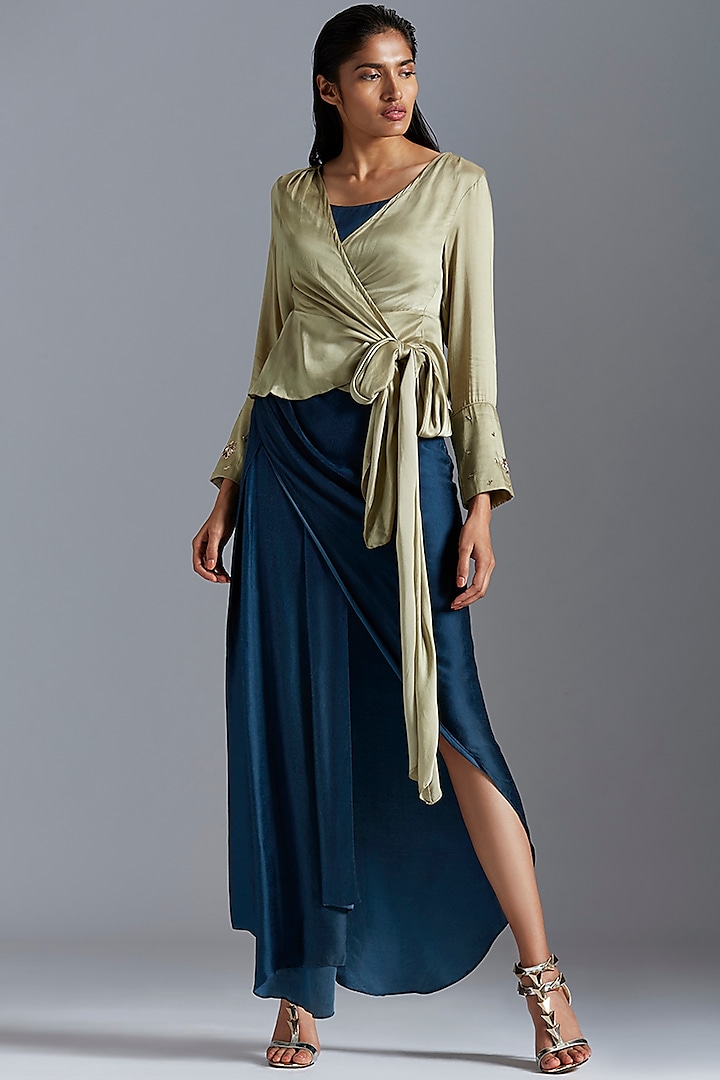 Grey Embroidered Wrap Top With Draped Skirt by A Humming Way