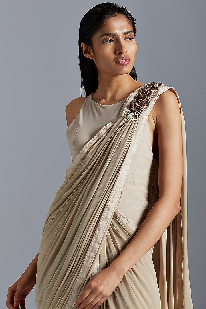 Grey Embroidered Wedding Gown Saree by A Humming Way at Pernia's Pop Up Shop