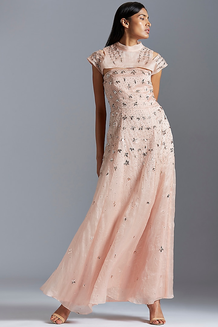 Blush Pink Embroidered Gown With Shrug by A Humming Way