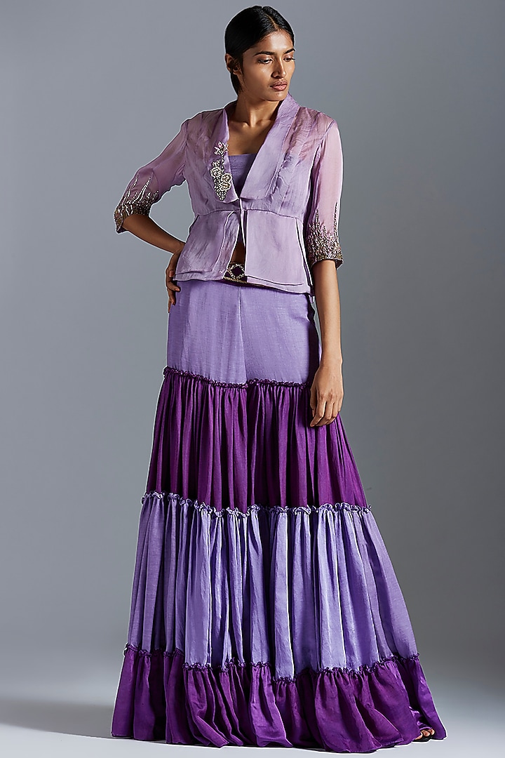Purple Embroidered Jacket With Sharara Pants by A Humming Way