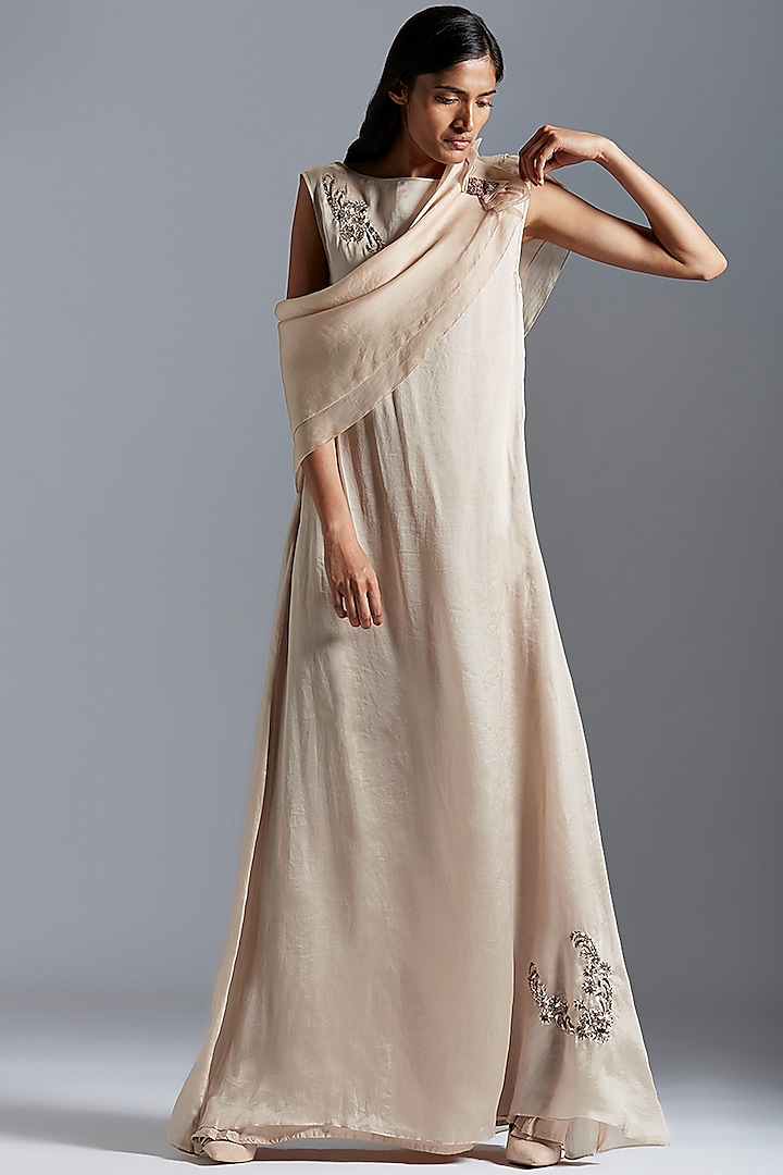 Beige Embroidered Sheer Maxi Dress With Cape by A Humming Way