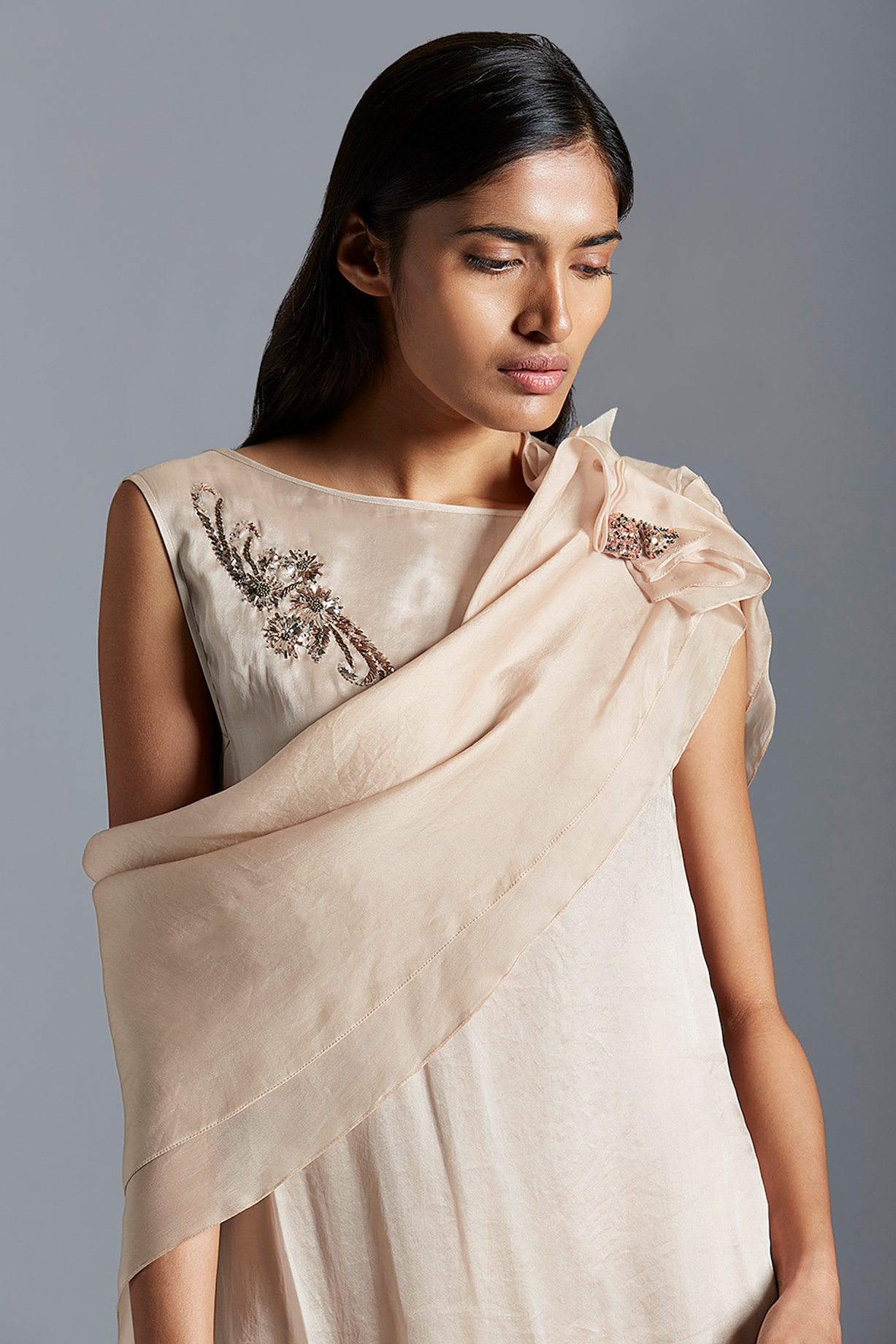 Beige Embroidered Sheer Maxi Dress With Cape by A Humming Way at Pernia ...