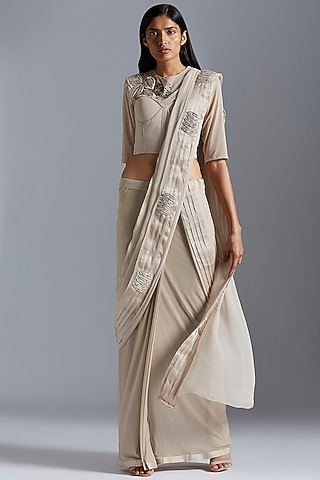 Grey Georgette Organza & Net Zardosi Embroidered Saree Set by A Humming Way