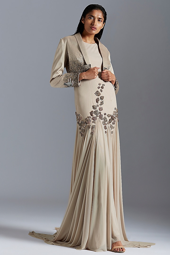Grey Embroidered Gown With Tuxedo Jacket by A Humming Way