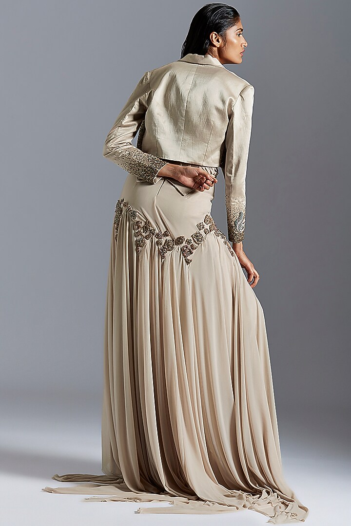 Grey Embroidered Gown With Tuxedo Jacket by A Humming Way at Pernia's Pop Up Shop