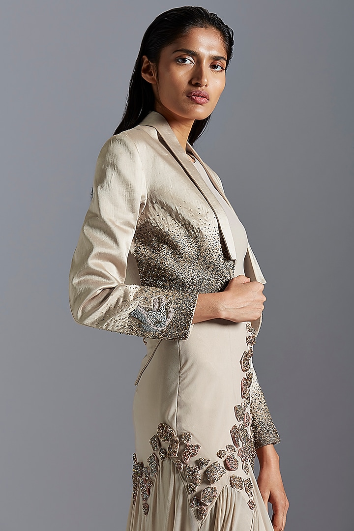 Grey Embroidered Gown With Tuxedo Jacket by A Humming Way at Pernia's Pop Up Shop