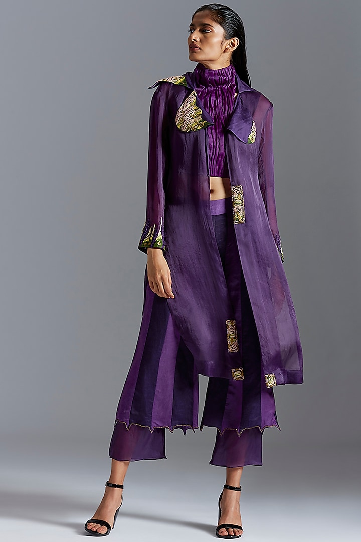 Purple Organza & Linen Satin Zardosi Embroidered Cape Set by A Humming Way