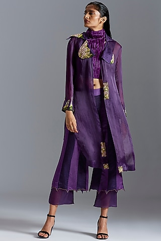 Purple Organza & Linen Satin Zardosi Embroidered Cape Set by A Humming Way