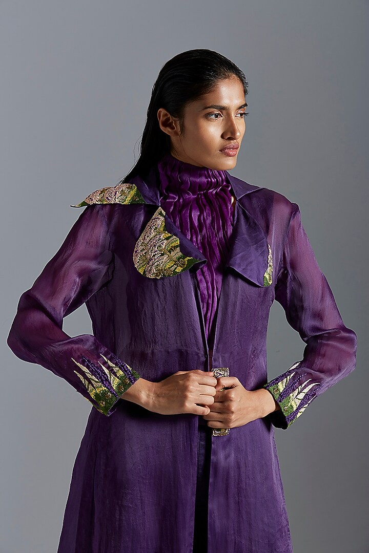 Purple Organza & Linen Satin Zardosi Embroidered Cape Set by A Humming Way at Pernia's Pop Up Shop