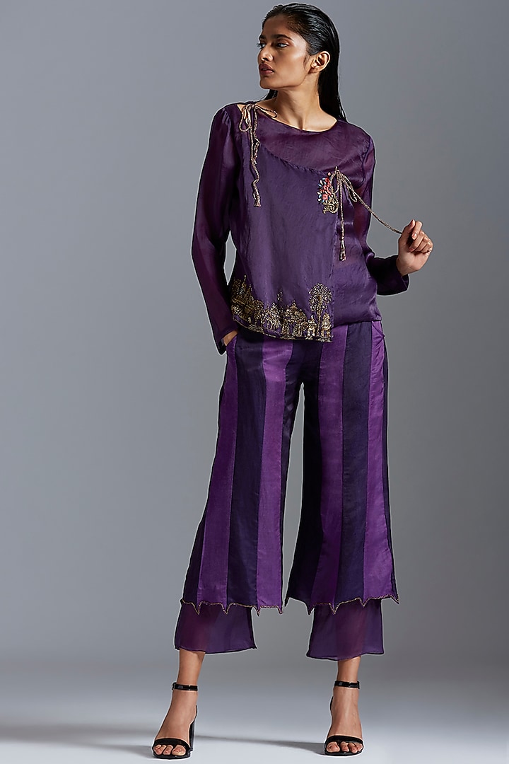 Purple Embroidered Angrakha Coat With Pants by A Humming Way