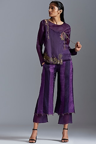 Purple Embroidered Angrakha Coat With Pants by A Humming Way