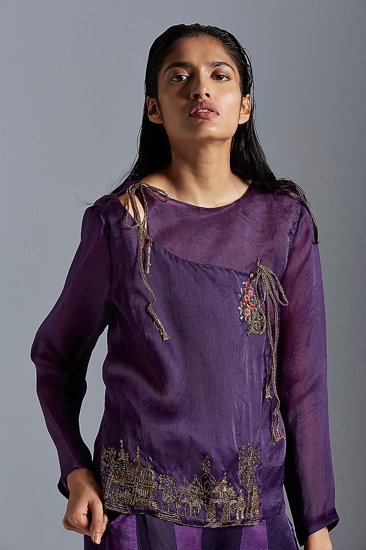 Purple Embroidered Angrakha Coat With Pants by A Humming Way at Pernia's Pop Up Shop