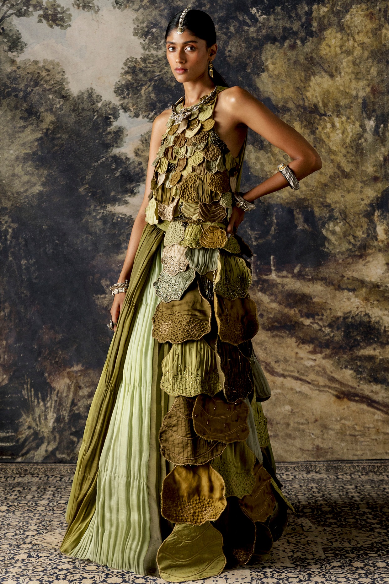 Moss Green & Dark Green Satin Organza Wedding Lehenga Set by A Humming ...