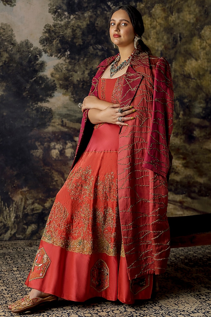 Red Embroidered Jacket Bridal Lehenga Set by A Humming Way at Pernia's Pop Up Shop