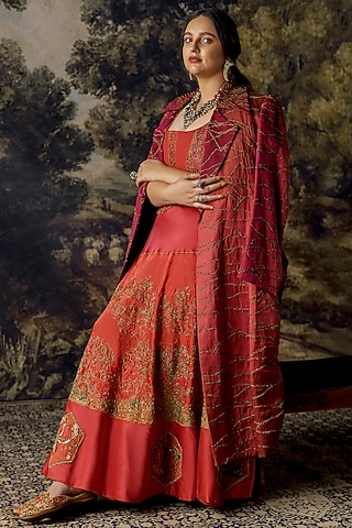 Red Embroidered Jacket Lehenga Set by A Humming Way