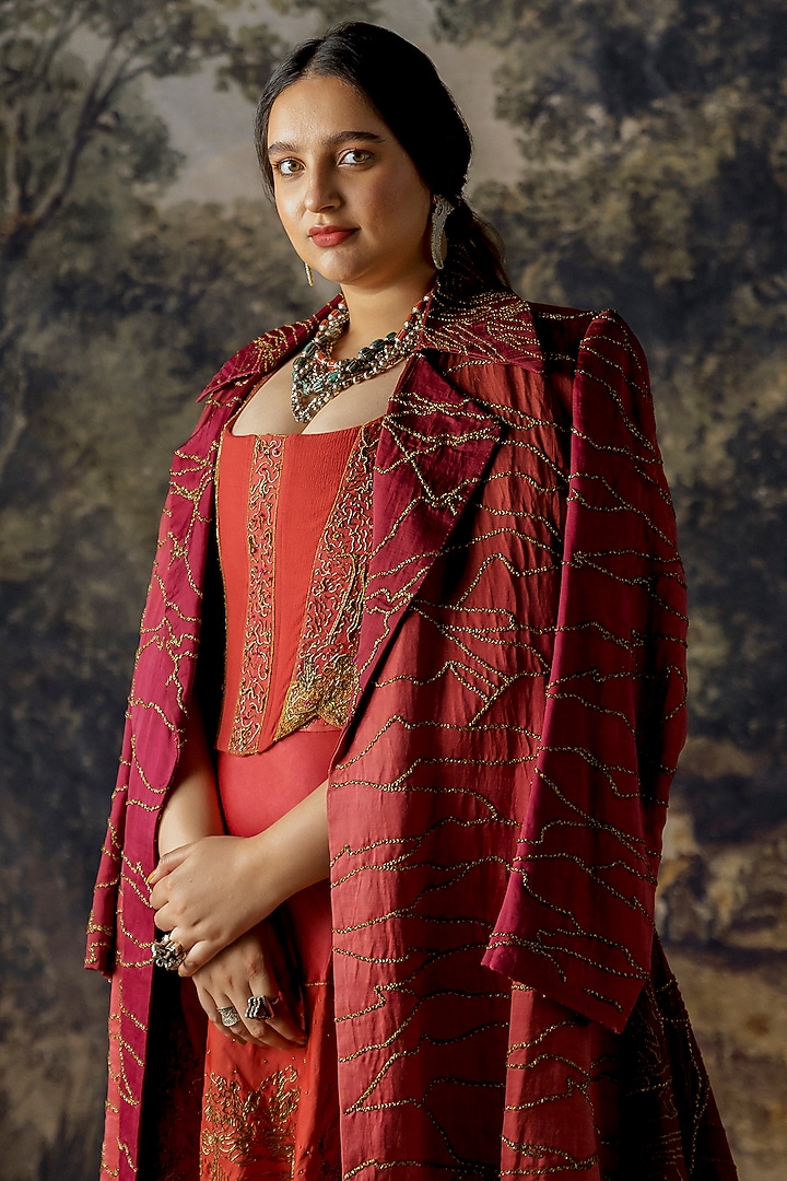 Red Embroidered Jacket Bridal Lehenga Set by A Humming Way at Pernia's Pop Up Shop