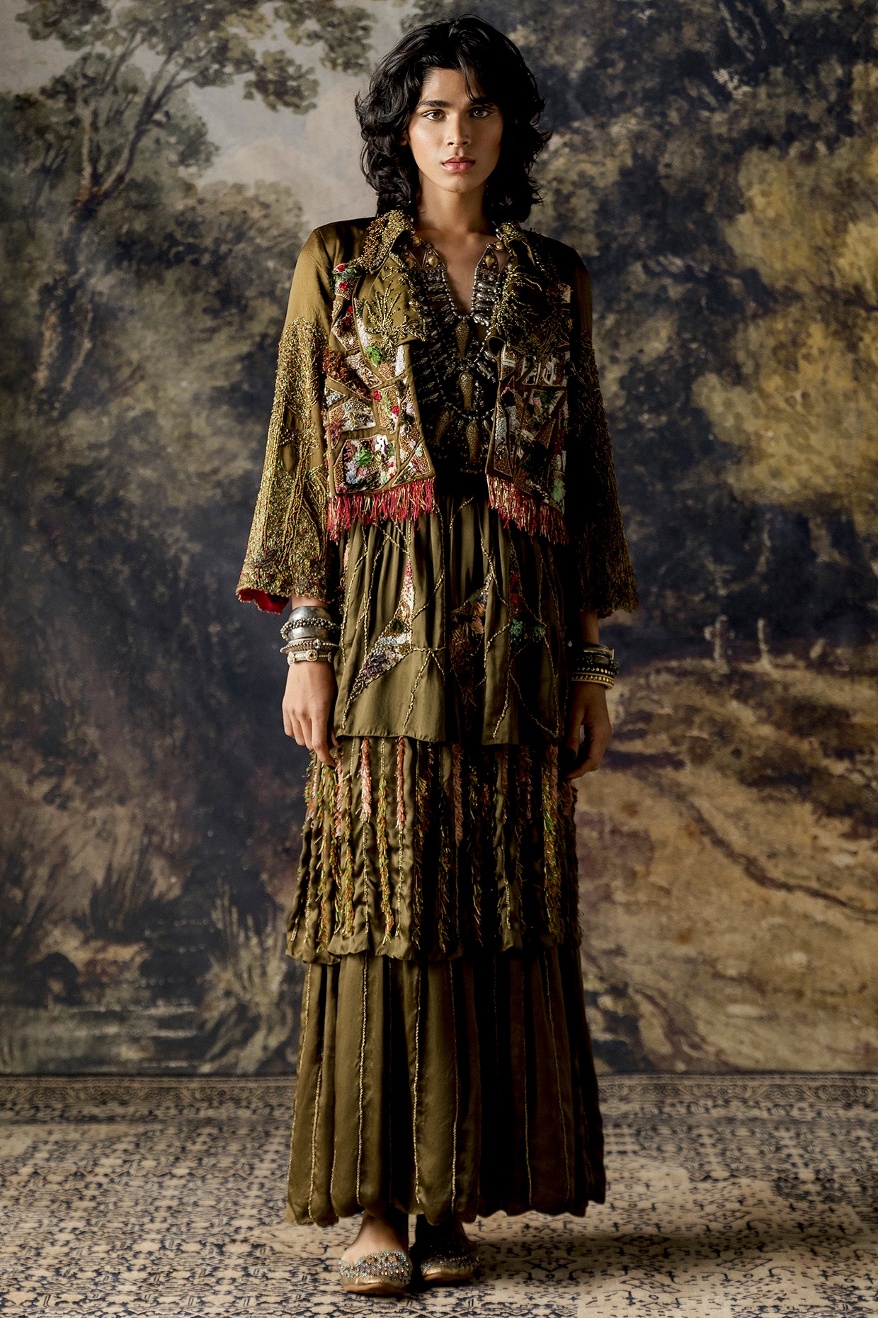 Dark Moss Green Embroidered Gown With Jacket by A Humming Way at Pernia ...