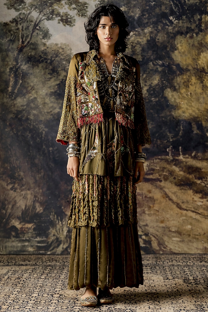Dark Moss Green Embroidered Gown With Jacket by A Humming Way